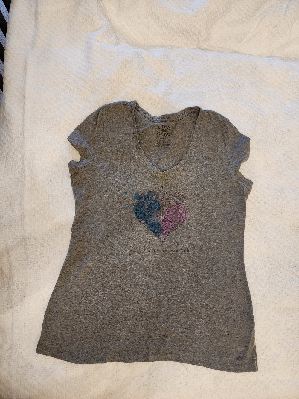 Life Is Good Gray V-Neck Heart Graphic Tee with Blue and Purple Accents